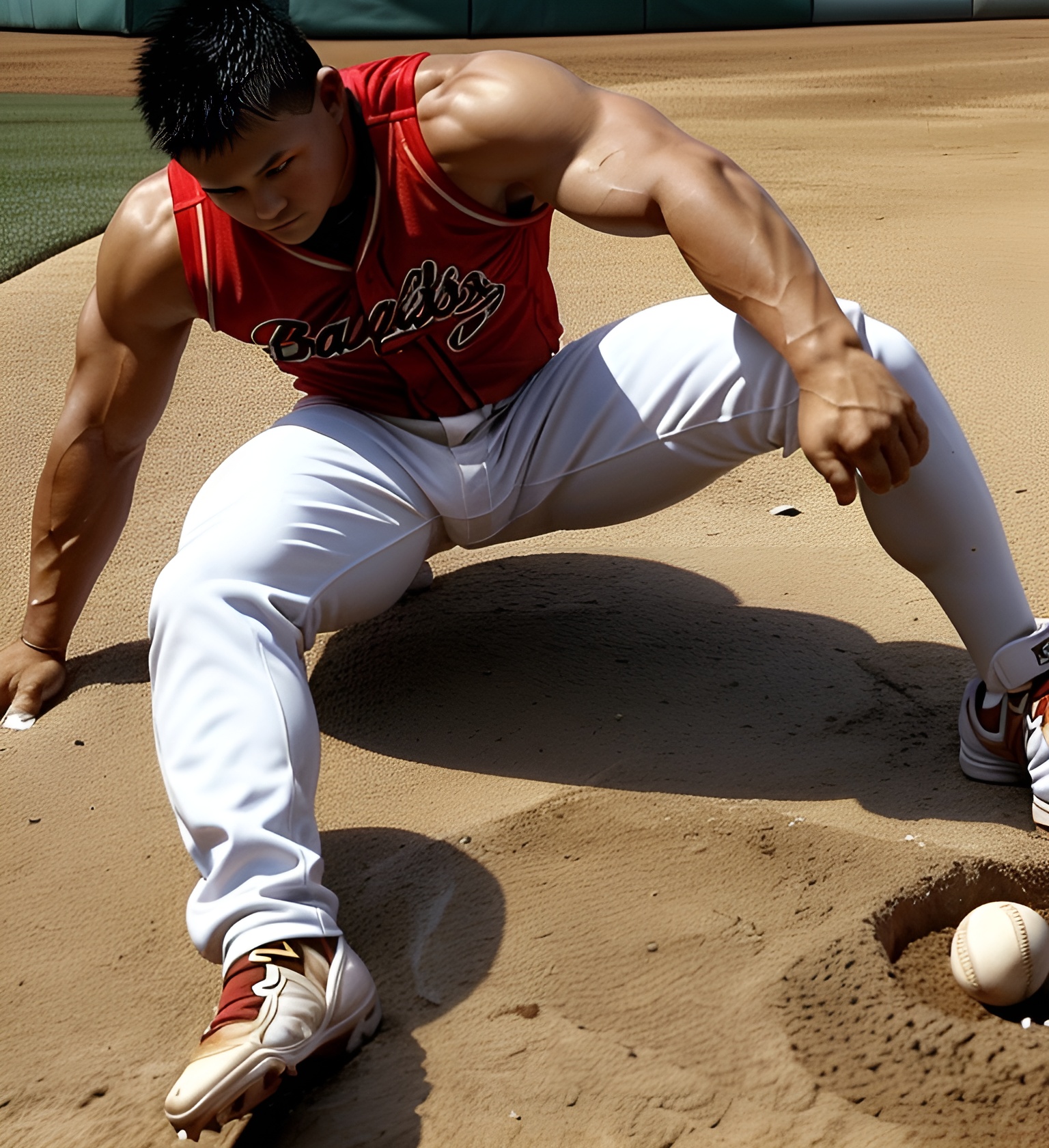 bsbsqt a pinoy baseball player bsbsqt kneeling down on a base with a catchers mitt, shirtless, handsome JHLK.jpg